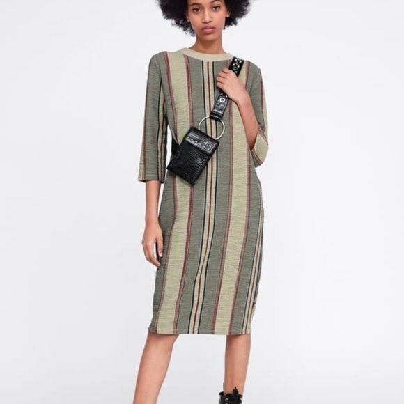 ZARA ; 3/4 SLEEVE MIDI STRIPE SWEATER DRESS - Picture 1 of 9